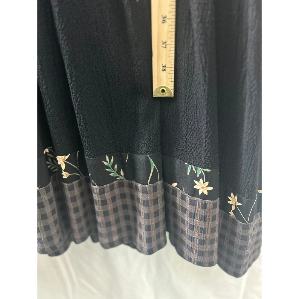 Onion‎ Womens Floral Embroidered Mixed Media Midi Dress Black Gingham Trim 913